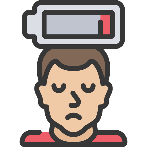 Illustration of a person with a low battery symbol, representing lost motivation.