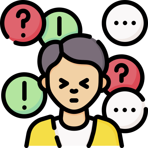 Illustration representing mental overwhelm with questions and alerts.